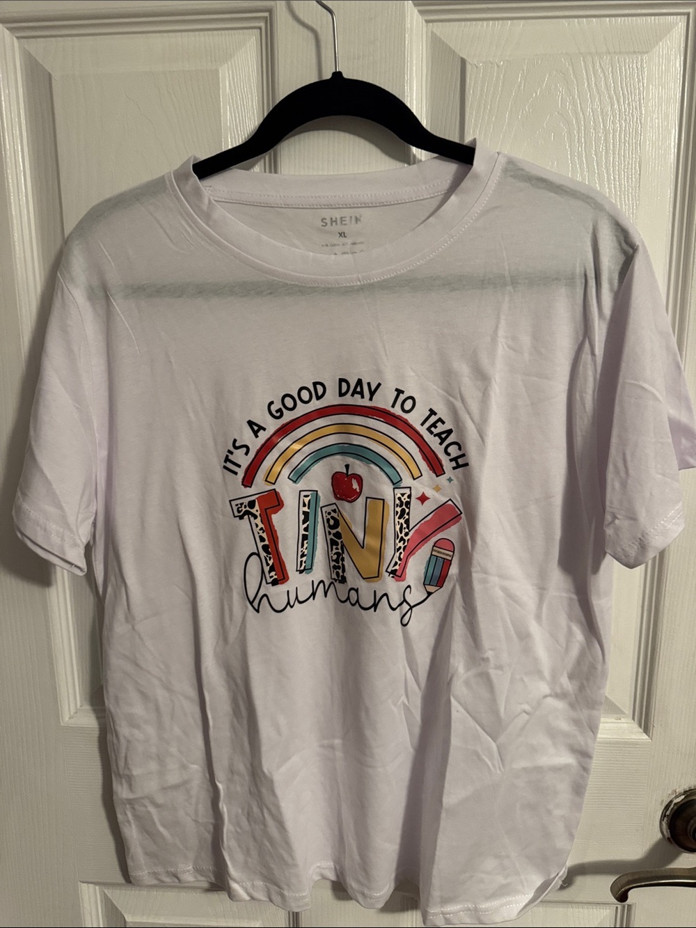 SHEIN White Short-Sleeve Tee with Colorful Rainbow & 'Tiny Humans' Graphic